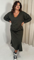 CurveWow V Neck Sweat Maxi Dress Khaki