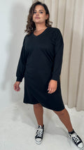 CurveWow V Neck Sweatshirt Dress Black