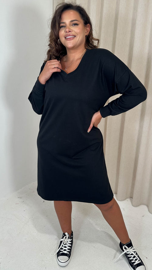 CurveWow V Neck Sweatshirt Dress Black