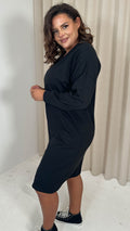 CurveWow V Neck Sweatshirt Dress Black