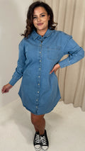 CurveWow Washed Look Denim Shirt Dress Mid Blue