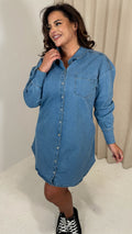 CurveWow Washed Look Denim Shirt Dress Mid Blue