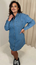 CurveWow Washed Look Denim Shirt Dress Mid Blue