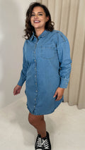 CurveWow Washed Look Denim Shirt Dress Mid Blue