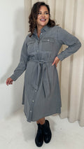 CurveWow Denim Belted Oversized Shirt Dress Grey Wash