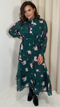 CurveWow Pussybow Maxi Dress Green Floral