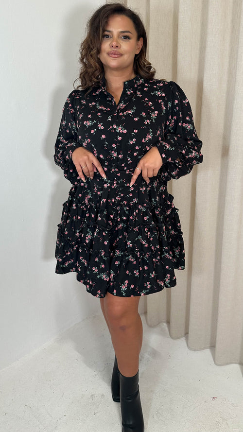 CurveWow Button Front Belted Tiered Midi Dress Black Floral