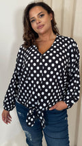 CurveWow Long Sleeve Tie Front Shirt White Polka Dot