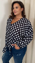 CurveWow Long Sleeve Tie Front Shirt White Polka Dot