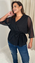 CurveWow Mesh Stripe Kimono Top Black