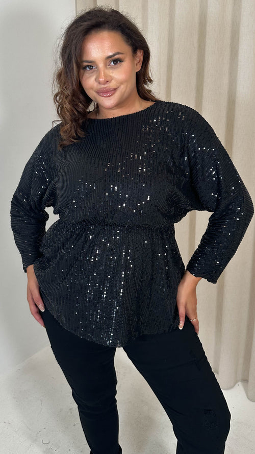 CurveWow Sequin Tunic Long Sleeve Top Black