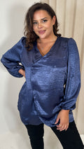 CurveWow Hammered Satin Wrap Blouse Navy