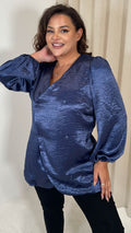 CurveWow Hammered Satin Wrap Blouse Navy