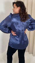 CurveWow Hammered Satin Wrap Blouse Navy