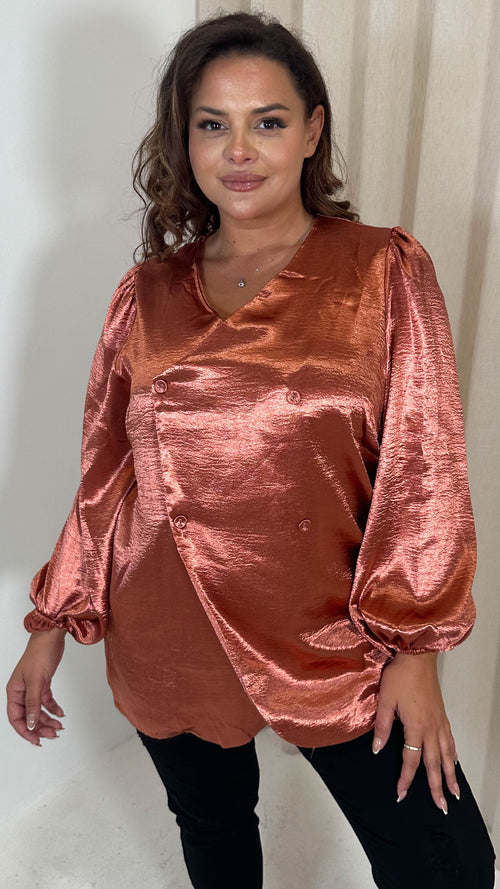 CurveWow Hammered Satin Wrap Blouse Rust