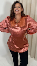 CurveWow Hammered Satin Wrap Blouse Rust