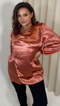 CurveWow Hammered Satin Wrap Blouse Rust