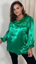 CurveWow Hammered Satin Wrap Blouse Green