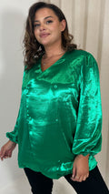 CurveWow Hammered Satin Wrap Blouse Green