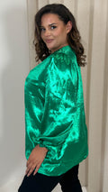 CurveWow Hammered Satin Wrap Blouse Green