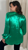 CurveWow Hammered Satin Wrap Blouse Green