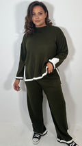 CurveWow Knitted Stripe Hem Co-Ord Khaki