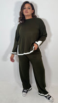 CurveWow Knitted Stripe Hem Co-Ord Khaki