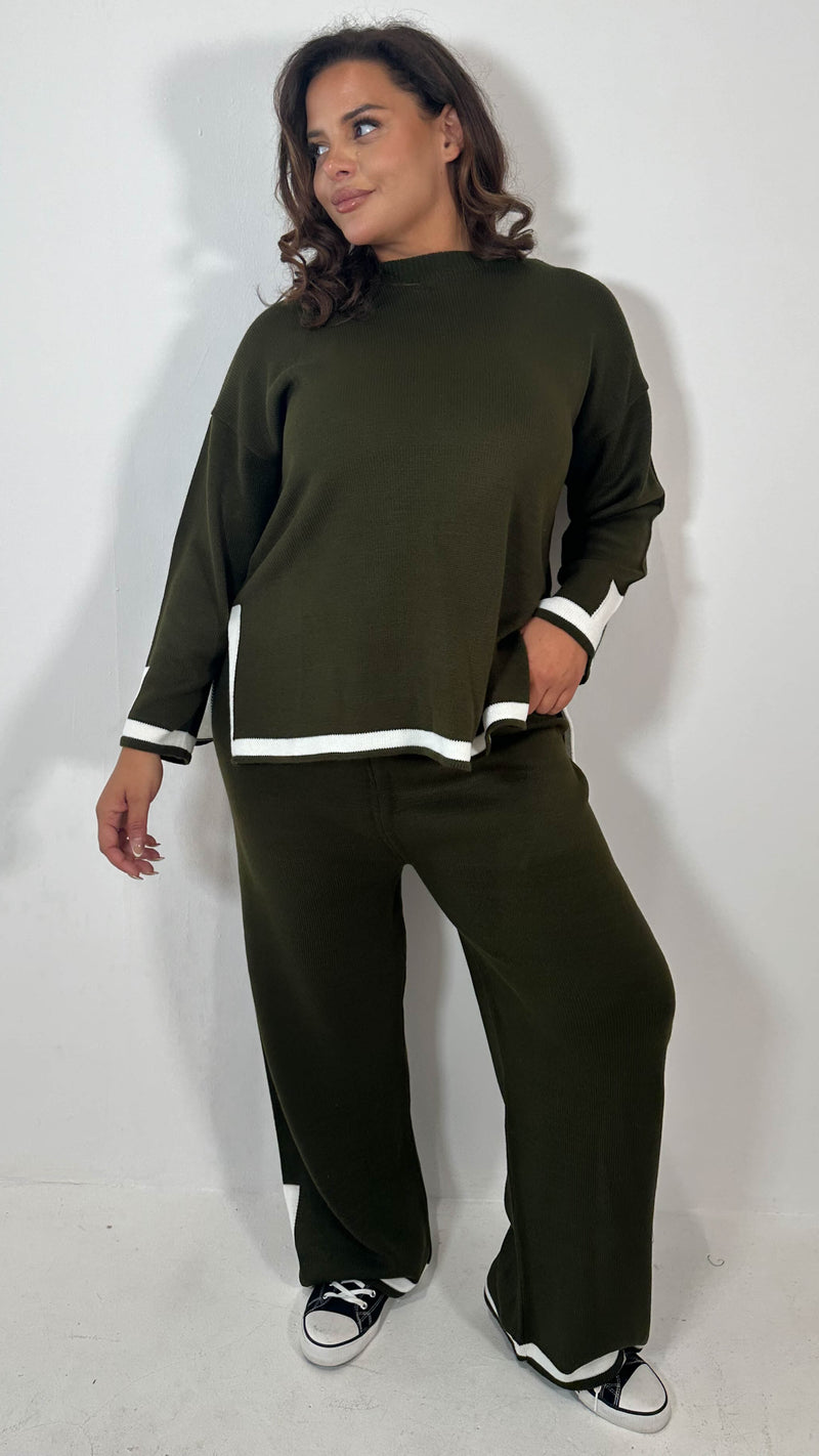 CurveWow Knitted Stripe Hem Co-Ord Khaki