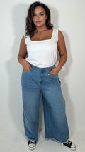 CurveWow Frayed Hem Wide Leg Jean Mid Blue