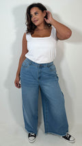 CurveWow Frayed Hem Wide Leg Jean Mid Blue