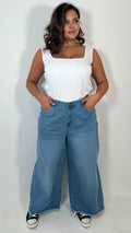 CurveWow Frayed Hem Wide Leg Jean Mid Blue