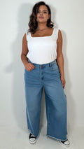 CurveWow Frayed Hem Wide Leg Jean Mid Blue