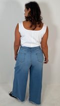 CurveWow Frayed Hem Wide Leg Jean Mid Blue