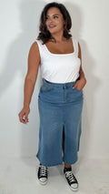 CurveWow Denim Split Front Midaxi Skirt Mid Blue