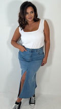 CurveWow Denim Split Front Midaxi Skirt Mid Blue