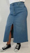 CurveWow Denim Split Front Midaxi Skirt Mid Blue