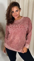 CurveWow Acid Wash Embroidered Sweater Faded Red