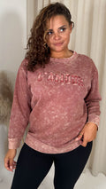 CurveWow Acid Wash Embroidered Sweater Faded Red