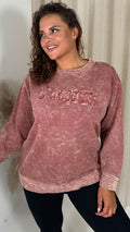 CurveWow Acid Wash Embroidered Sweater Faded Red