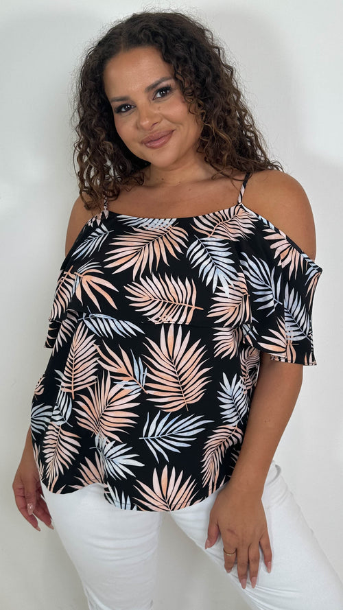 CurveWow Printed Frill Cold Shoulder Top Black/Pink Tropical