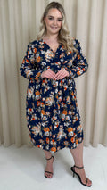 CurveWow Frill Wrap Dress Navy Floral