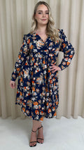 CurveWow Frill Wrap Dress Navy Floral