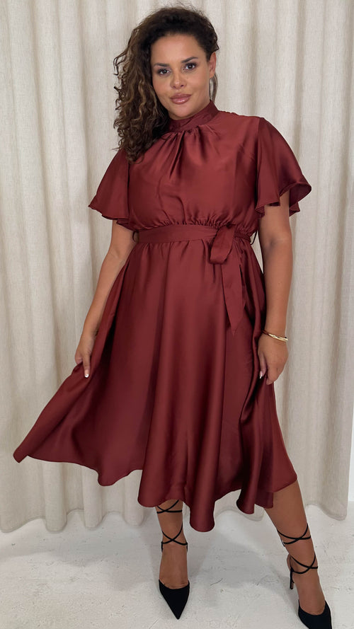 CurveWow High Neck Angel Sleeve Midi Dress Dark Rust