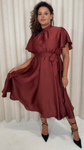 CurveWow High Neck Angel Sleeve Midi Dress Dark Rust