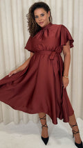 CurveWow High Neck Angel Sleeve Midi Dress Dark Rust