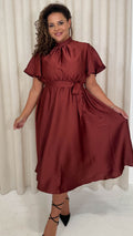 CurveWow High Neck Angel Sleeve Midi Dress Dark Rust