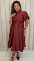 CurveWow High Neck Angel Sleeve Midi Dress Dark Rust