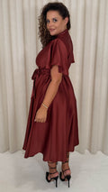 CurveWow High Neck Angel Sleeve Midi Dress Dark Rust