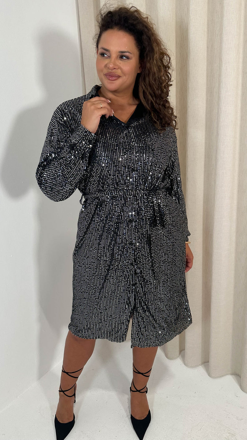 CurveWow Sequin Midi Tie Waist Shirt Dress Silver