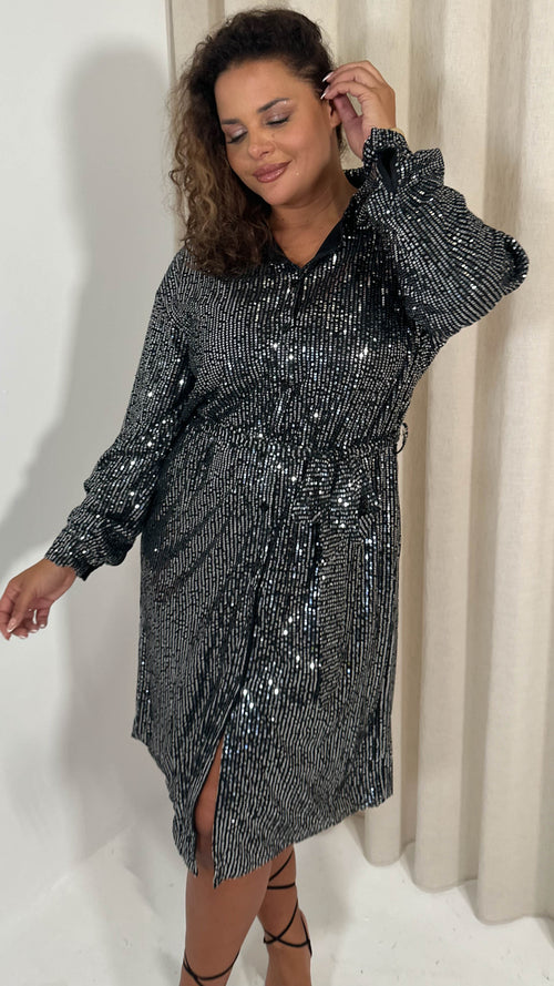 CurveWow Sequin Midi Tie Waist Shirt Dress Silver